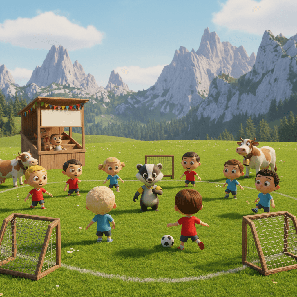 Kinder spielen 5-gegen-5 auf einer Almwiese, Kühe mit Glocken grasen am Spielfeldrand