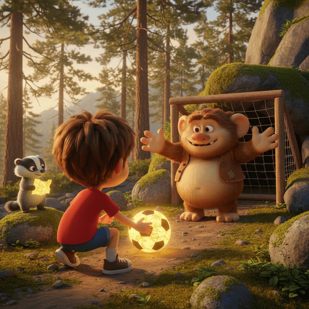 Ein Kind beschützt eine goldene Schatzkarte vor einem freundlichen Berg-Troll am Höhleneingang