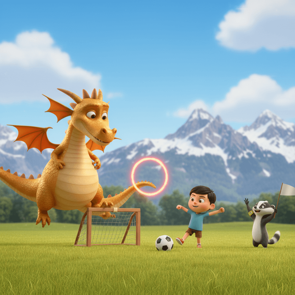 Ein freundlicher goldener Drache schwebt über dem Fußballplatz, ein magischer Feuerring leuchtet in der Luft