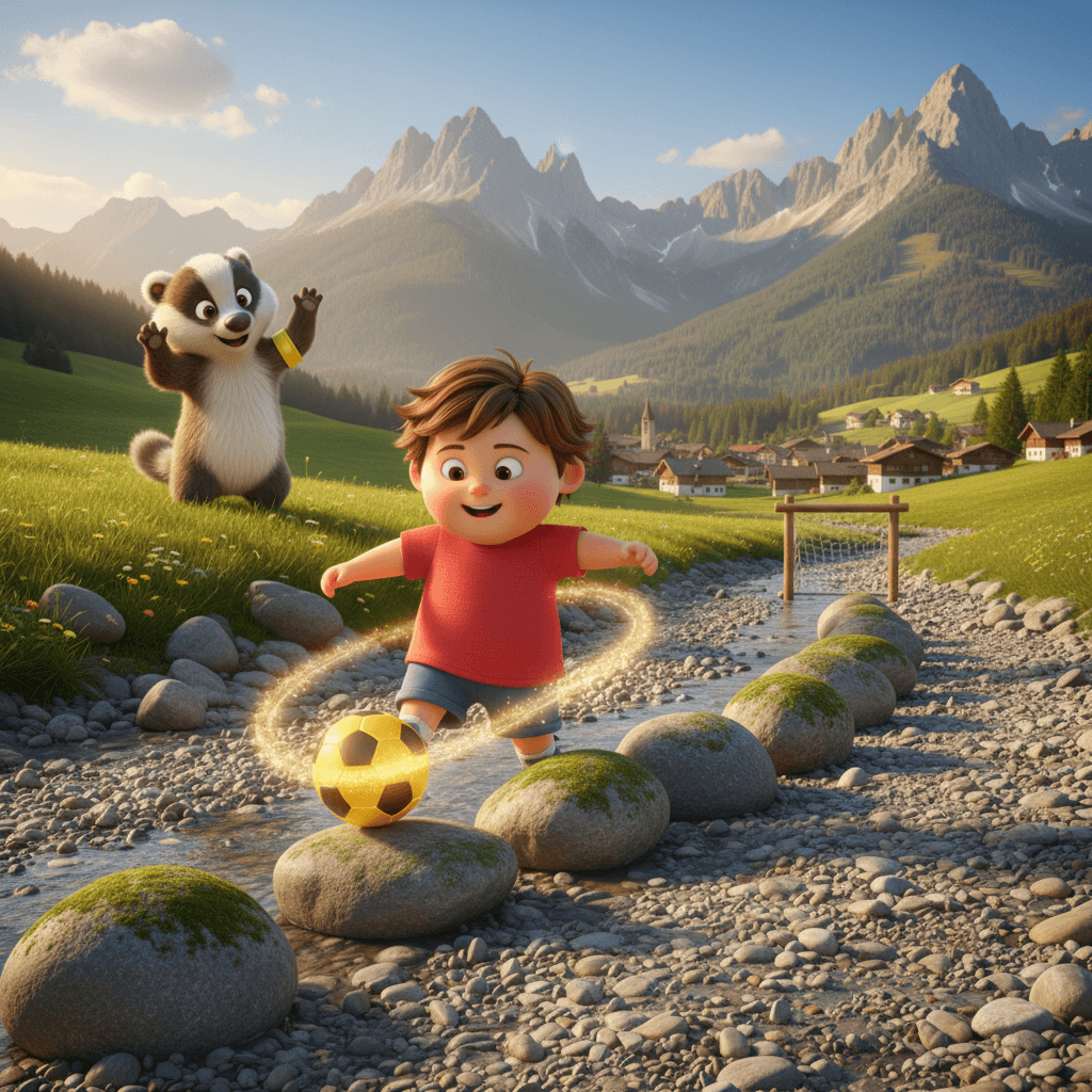 Kind schlängelt mit einem goldenen Ball durch rollende Felsen in einem sonnigen Bergbach