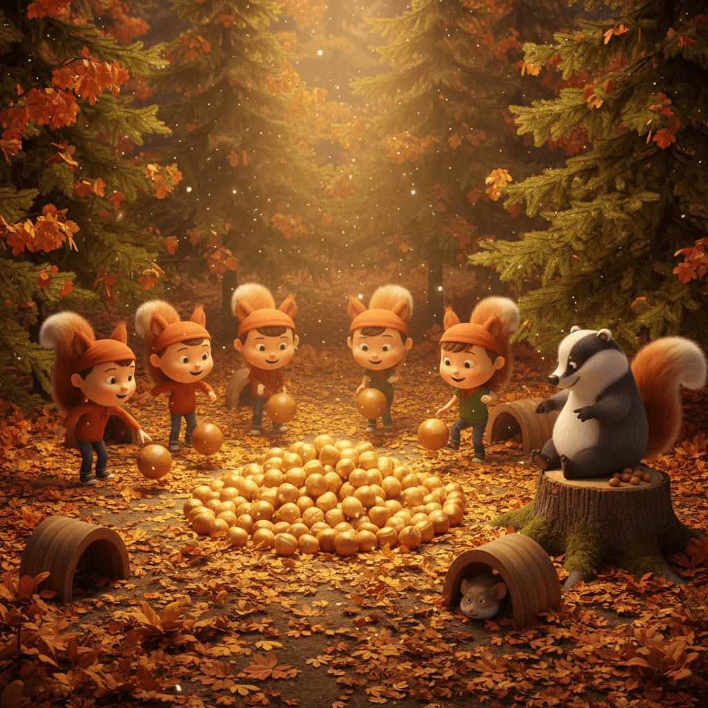 Eichhörnchen-Kinder tragen glänzende Nüsse vom goldenen Nussberg zu ihren Bau-Ecken im Herbstwald