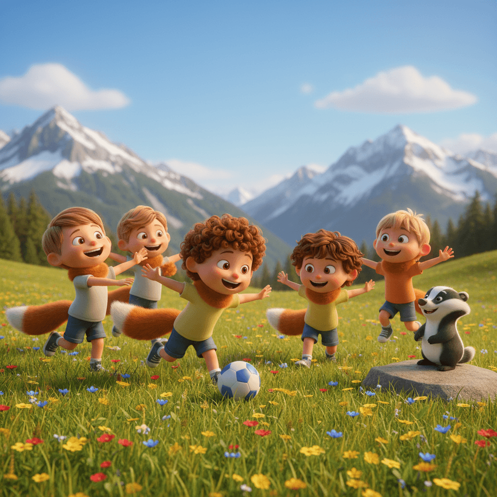 Kinder mit Fuchsschwänzchen an der Hose jagen einander lachend über eine Almwiese