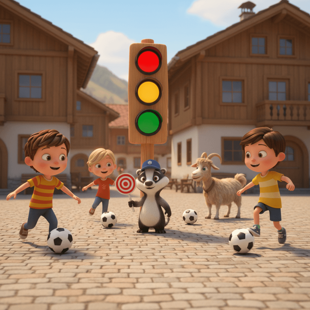 Kinder dribbeln durch einen alpinen Dorfplatz, Maxel steht als Verkehrspolizist unter einer hölzernen Ampel