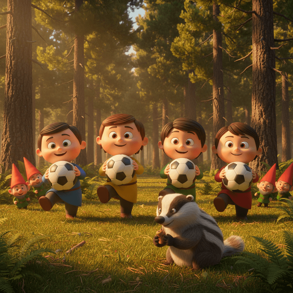 Kinder dribbeln auf einer Waldlichtung, freche Waldwichtel lugen hinter Tannen hervor